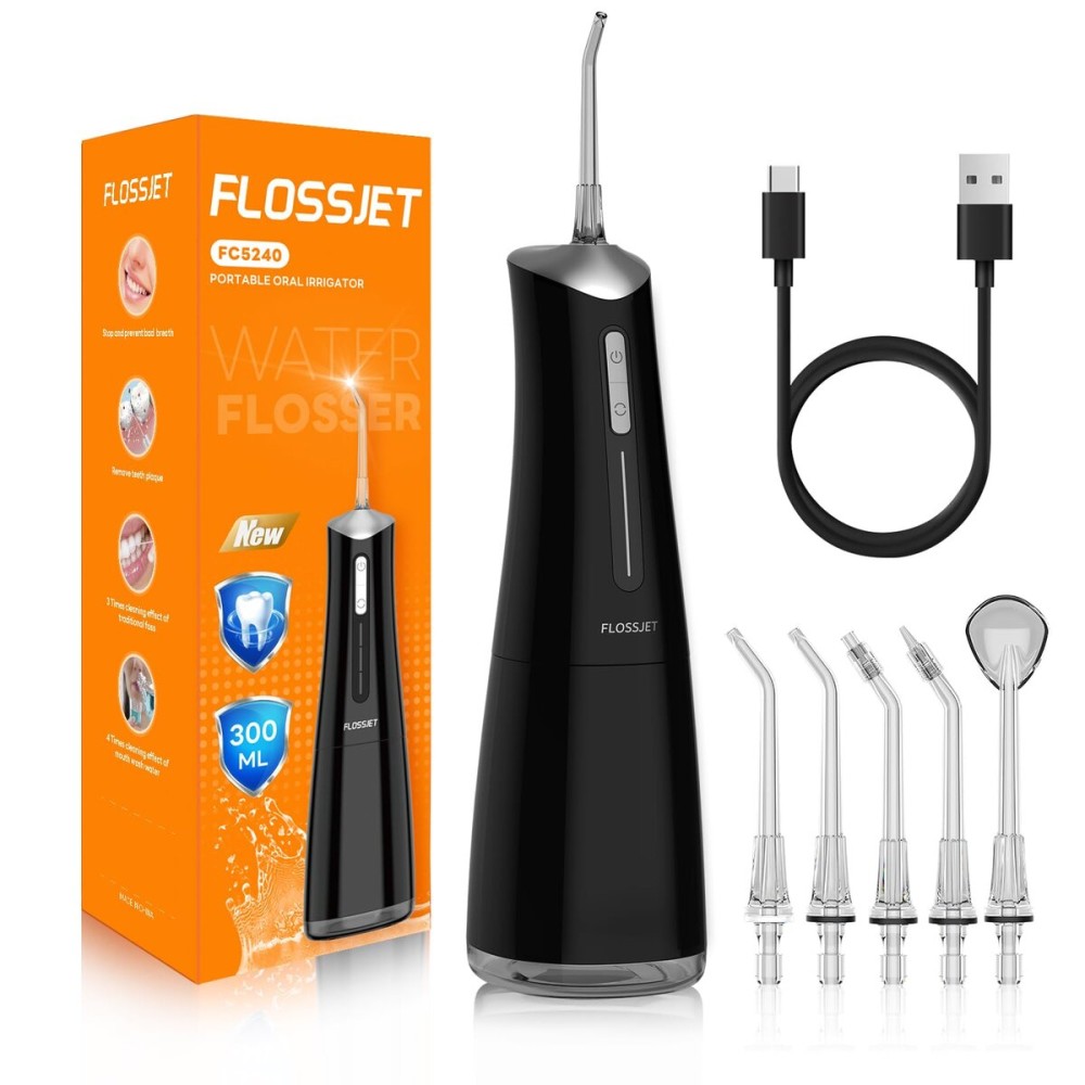 FlossJet Water Dental Flosser Cordless Oral Irrigator with 300ml 5 Tips 4 Modes USBCharger Portable Travle Irrigation Cleaner IPX7 Electric Irrigador Dental for Teeth Cleaning (Black) FlossJet Water Dental Flosser Cordless Oral Irrigator with 300ml 5 Tips 4 Modes USBCharger Portable Travle Irrigation Cleaner IPX7 Electric Irrigador Dental for Teeth Cleaning (Black)