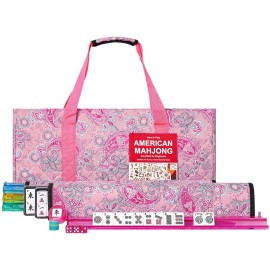 GUSTARIA American Mahjong Game Set, 166 White Tiles, 4 All-in-One Color Rack/Pushers, Complete Mahjong Set with Pink Printed Carrying Bag