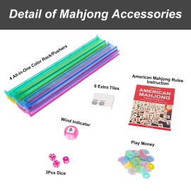 GUSTARIA American Mahjong Game Set, 166 White Tiles, 4 All-in-One Color Rack/Pushers, Complete Mahjong Set with Pink Printed Carrying Bag