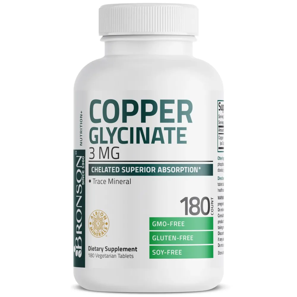 Bronson Copper Glycinate 3mg Chelated Superior Absorption Non-GMO, 180 Vegetarian Tablets Bronson Copper Glycinate 3mg Chelated Superior Absorption Non-GMO, 180 Vegetarian Tablets
