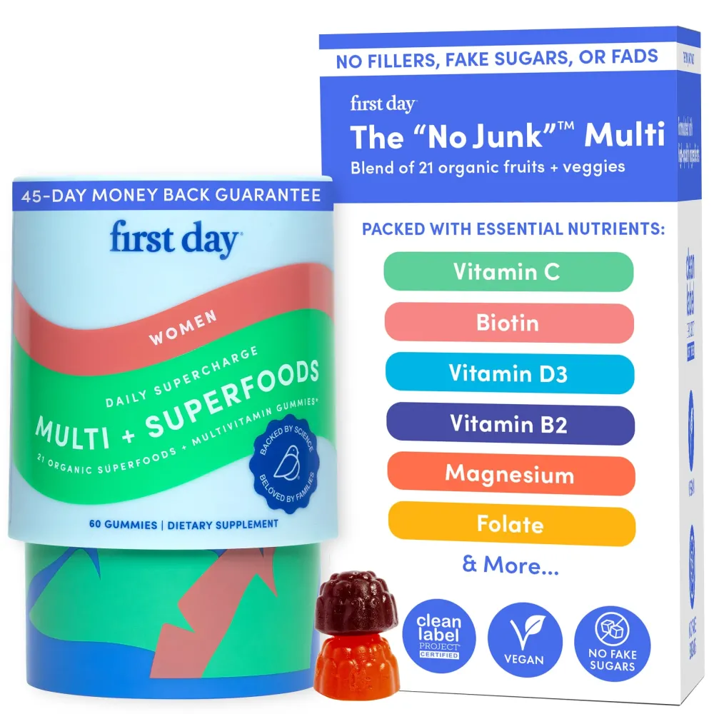FIRST DAY Multivitamin for Women - Daily Womens Multivitamin Gummies - Vitamin A C D E B12, Magnesium, Zinc, Biotin - Vegan, Gluten Free Womens Vitamins - Hair Growth, Skin, Energy - 30 Day Supply FIRST DAY Multivitamin for Women - Daily Womens Multivitamin Gummies - Vitamin A C D E B12, Magnesium, Zinc, Biotin - Vegan, Gluten Free Womens Vitamins - Hair Growth, Skin, Energy - 30 Day Supply