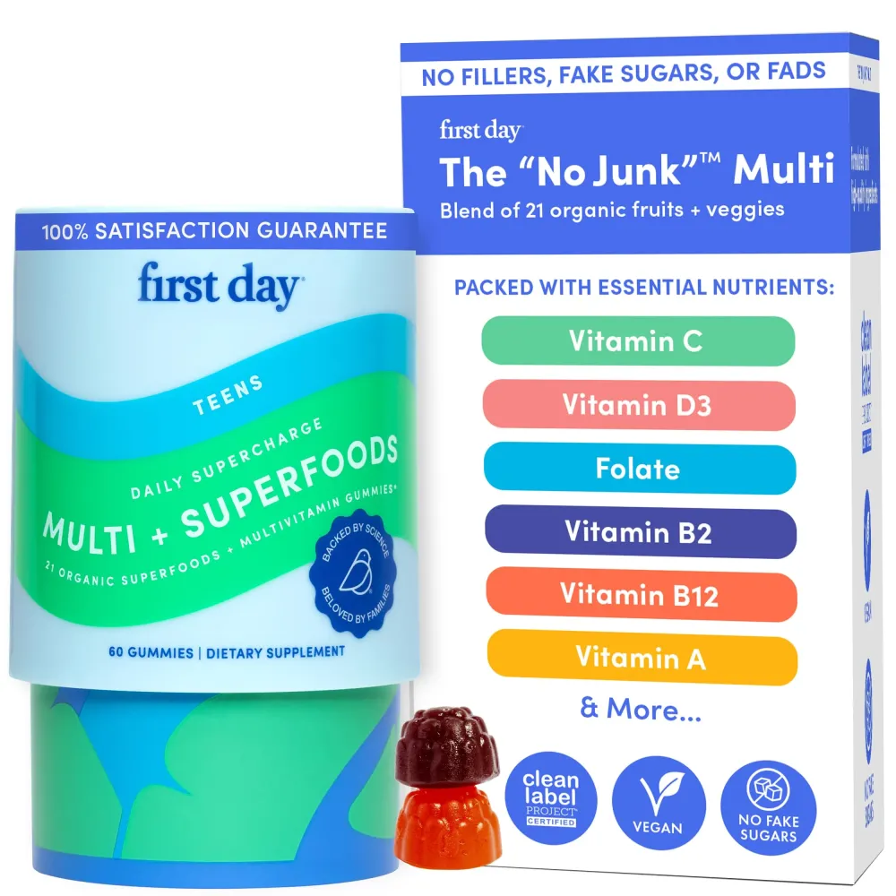 FIRST DAY Vitamins for Teens - Teen Multi Vitamins for Girls & Boys 12-17, Organic Fruit & Veggie Blend - 12 Key Nutrients: Vitamins A, B1, B2, B6, B9, B12, C, D3, E, K2-30 Day Supply FIRST DAY Vitamins for Teens - Teen Multi Vitamins for Girls & Boys 12-17, Organic Fruit & Veggie Blend - 12 Key Nutrients: Vitamins A, B1, B2, B6, B9, B12, C, D3, E, K2-30 Day Supply