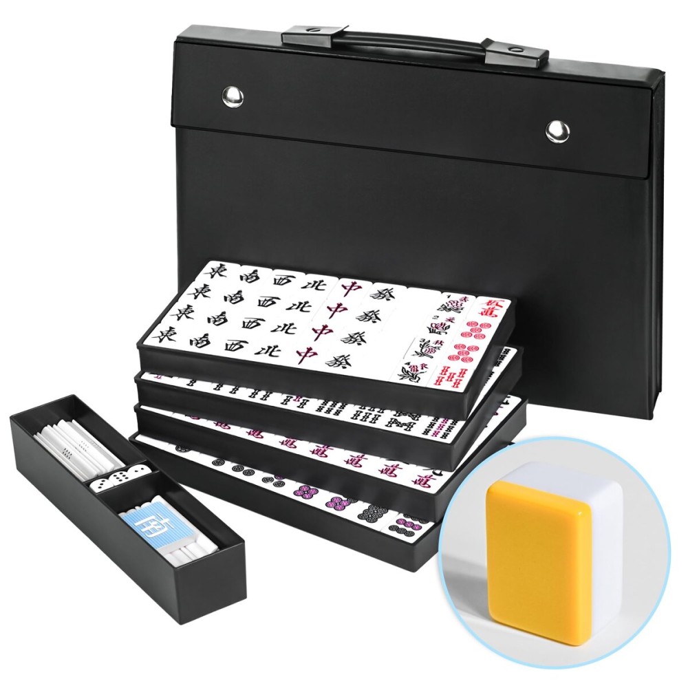 QYMZKA Japanese Riichi Mahjong Set, 144 White and Yellow Tiles - with Black Box, East Wind Tile, Set of Scoring Sticks, and Dices. QYMZKA Japanese Riichi Mahjong Set, 144 White and Yellow Tiles - with Black Box, East Wind Tile, Set of Scoring Sticks, and Dices.