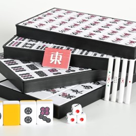 QYMZKA Japanese Riichi Mahjong Set, 144 White and Yellow Tiles - with Black Box, East Wind Tile, Set of Scoring Sticks, and Dices. QYMZKA Japanese Riichi Mahjong Set, 144 White and Yellow Tiles - with Black Box, East Wind Tile, Set of Scoring Sticks, and Dices.