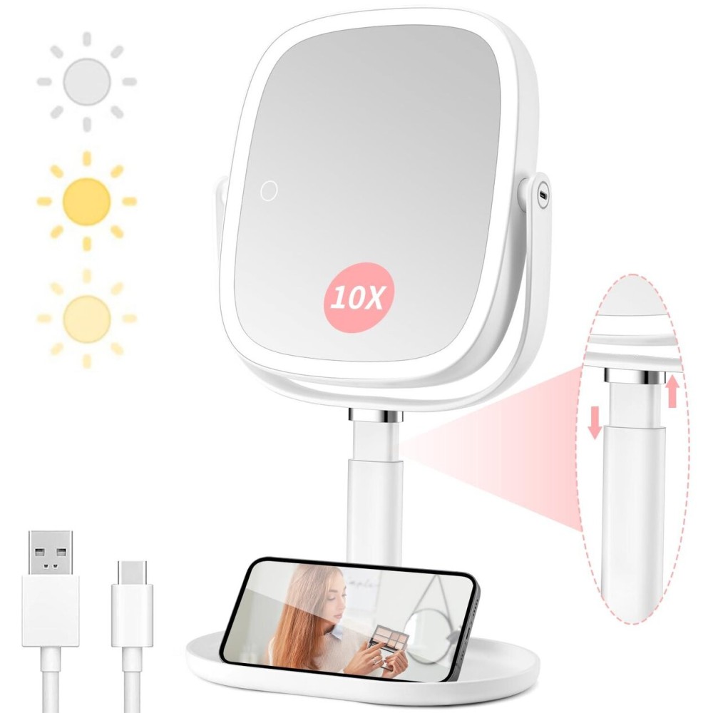 Lighted Makeup Mirror, 2600mAh Rechargeable 1x/10x Magnifying Vanity Mirror, 8.5 Height Adjustable Makeup Mirror with Lights 3 Color, 360 Rotation 2-Sided Light up Large Desk Mirror, Gifts for Women Lighted Makeup Mirror, 2600mAh Rechargeable 1x/10x Magnifying Vanity Mirror, 8.5 Height Adjustable Makeup Mirror with Lights 3 Color, 360 Rotation 2-Sided Light up Large Desk Mirror, Gifts for Women