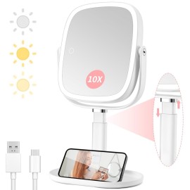 Lighted Makeup Mirror, 2600mAh Rechargeable 1x/10x Magnifying Vanity Mirror, 8.5 Height Adjustable Makeup Mirror with Lights 3 Color, 360 Rotation 2-Sided Light up Large Desk Mirror, Gifts for Women