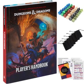 CraftyCrocodile Dungeons and Dragons 2024 Player\'s Handbook Bundled with DND 6 Dice Sets, Flannel Bags, Complete Printable Kit - Core Rulebook with D&D Starter Set Accessory - Tabletop Board Game