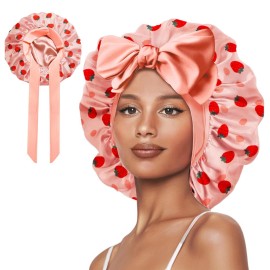Vettres Hair Bonnet for Sleeping Satin Bonnets Silk Sleep Bonnet Double Layer Satin Bonnet with Tie Strawberries Vettres Hair Bonnet for Sleeping Satin Bonnets Silk Sleep Bonnet Double Layer Satin Bonnet with Tie Strawberries
