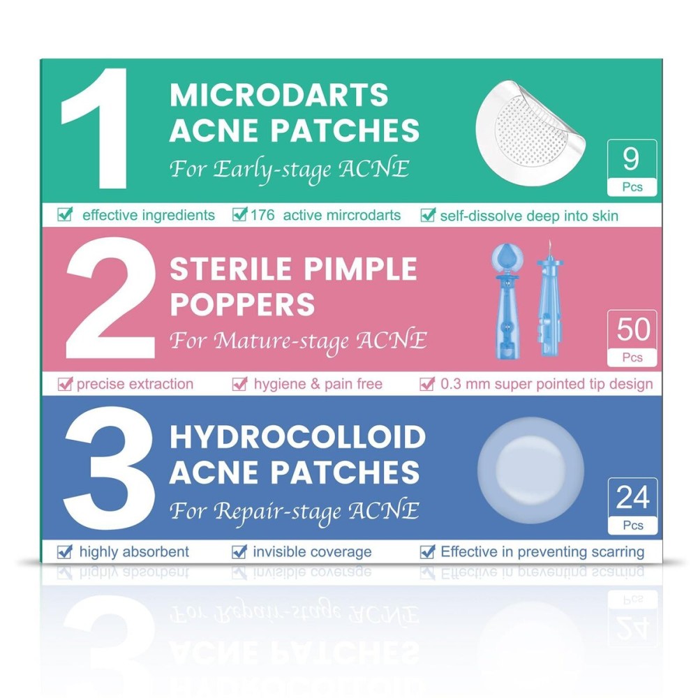 3-Step Microdart Pimple Patches Set - 9 Microdarts Pimple Patches, 50 Pimple Popper, 24 Hydrocolloid Patches 3-Step Microdart Pimple Patches Set - 9 Microdarts Pimple Patches, 50 Pimple Popper, 24 Hydrocolloid Patches