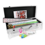 USA MJ TABLE .COM Complete American Mahjong Set, 166 White Tiles, 4 Color Pushers/Racks, Chips, Wind Indicator Aluminum Case + Clear Pusher