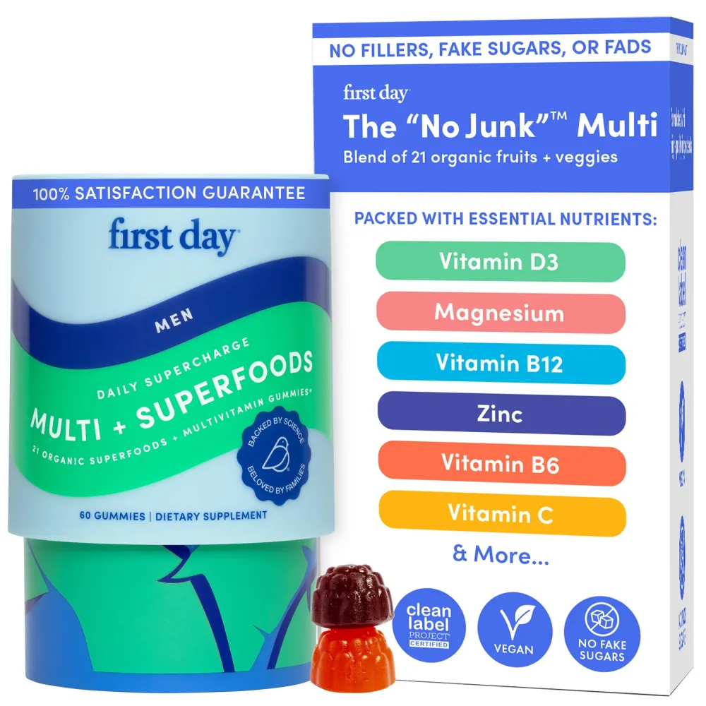 FIRST DAY Multivitamin for Men + Organic Fruit & Veggie Blend, Mens Multivitamins Gummies with 13 Key Nutrients for Energy, Focus, Immunity - Vitamins A, B1, B2, B6, B9, B12, C, D3, K - 30 Day Supply FIRST DAY Multivitamin for Men + Organic Fruit & Veggie Blend, Mens Multivitamins Gummies with 13 Key Nutrients for Energy, Focus, Immunity - Vitamins A, B1, B2, B6, B9, B12, C, D3, K - 30 Day Supply