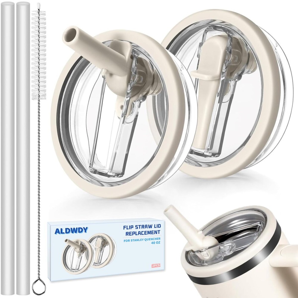 2 Pack 40 oz Flip Straw Leak Proof Lid for Stanley H2.0 Quencher, Stanley Lid Replacement 40 oz for Stanley Cup Accessories ProTour, No Spill Proof Straw Cover for Stanley Accessories (Cream & Cream)