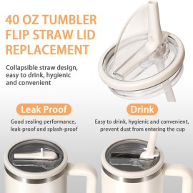2 Pack 40 oz Flip Straw Leak Proof Lid for Stanley H2.0 Quencher, Stanley Lid Replacement 40 oz for Stanley Cup Accessories ProTour, No Spill Proof Straw Cover for Stanley Accessories (Cream & Cream)
