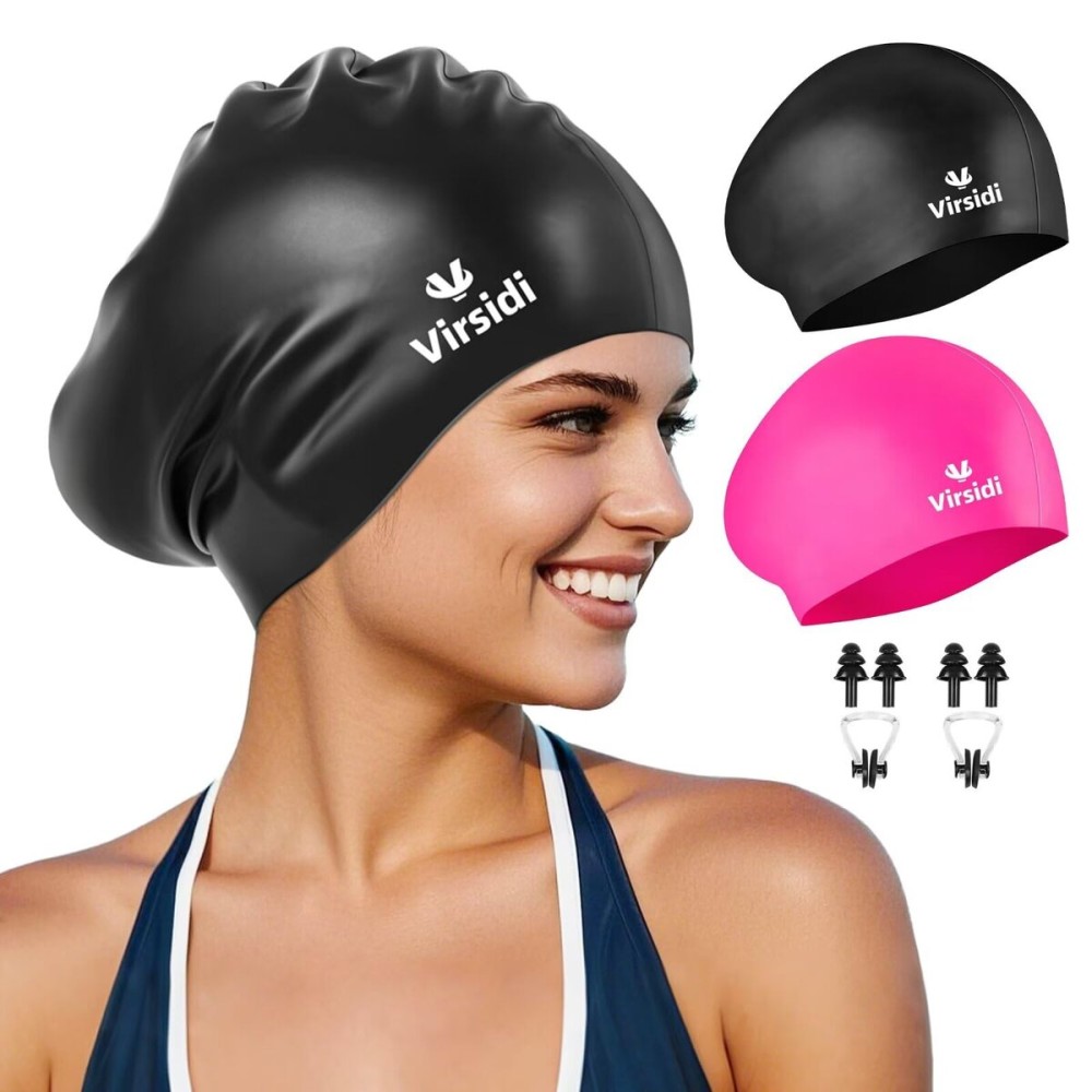 2 Pack Swim Cap for Women Men Adult, Silicone Swimming Caps for Short Long Hair, Waterproof Swim Hats Bathing Caps to Keep Hair Dry with Nose Clip and Earplugs (Black&Rose) 2 Pack Swim Cap for Women Men Adult, Silicone Swimming Caps for Short Long Hair, Waterproof Swim Hats Bathing Caps to Keep Hair Dry with Nose Clip and Earplugs (Black&Rose)