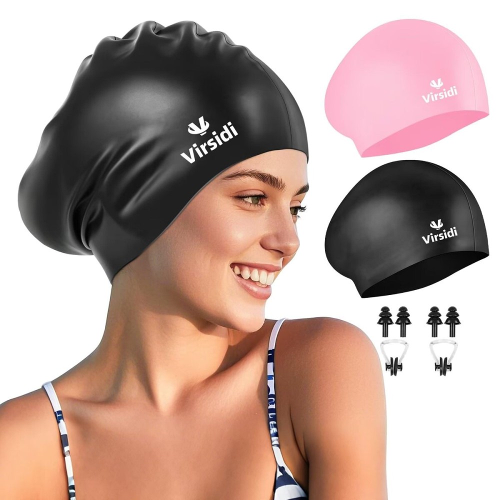 2 Pack Large Swim Caps for Long Hair, Silicone Swimming Cap for Adult Women Men, Waterproof Swim Hats Bathing Caps to Keep Hair Dry with Bonus Nose Clip and Earplugs-01 2 Pack Large Swim Caps for Long Hair, Silicone Swimming Cap for Adult Women Men, Waterproof Swim Hats Bathing Caps to Keep Hair Dry with Bonus Nose Clip and Earplugs-01