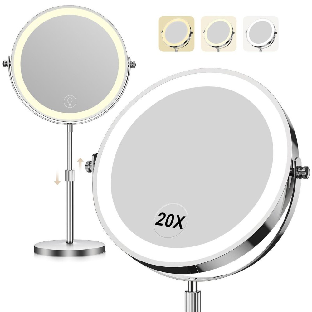 Makeup Mirror with Lights, 1x/20x 360 Rotation Vanity Mirror, Brightness Adjustable Lighted Makeup Mirror with Magnification, 5000 mAh Rechargeable Double Sided Mirror with 3 Colors, Gift for Women Makeup Mirror with Lights, 1x/20x 360 Rotation Vanity Mirror, Brightness Adjustable Lighted Makeup Mirror with Magnification, 5000 mAh Rechargeable Double Sided Mirror with 3 Colors, Gift for Women