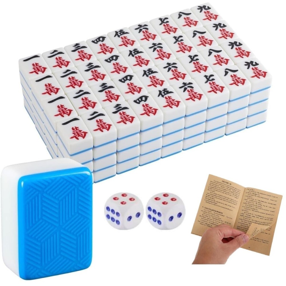 EatingBiting Large Size Chinese Mahjong Set 1.6 inches Board Game Classic  with 146+ Blue Colored Tiles, Wind Indicator and Dice Large + Mahjong Tiles Melamine English Instraction and Carrying Bag