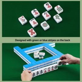 EatingBiting Large Size Chinese Mahjong Set 1.6 inches Board Game Classic  with 146+ Blue Colored Tiles, Wind Indicator and Dice Large + Mahjong Tiles Melamine English Instraction and Carrying Bag