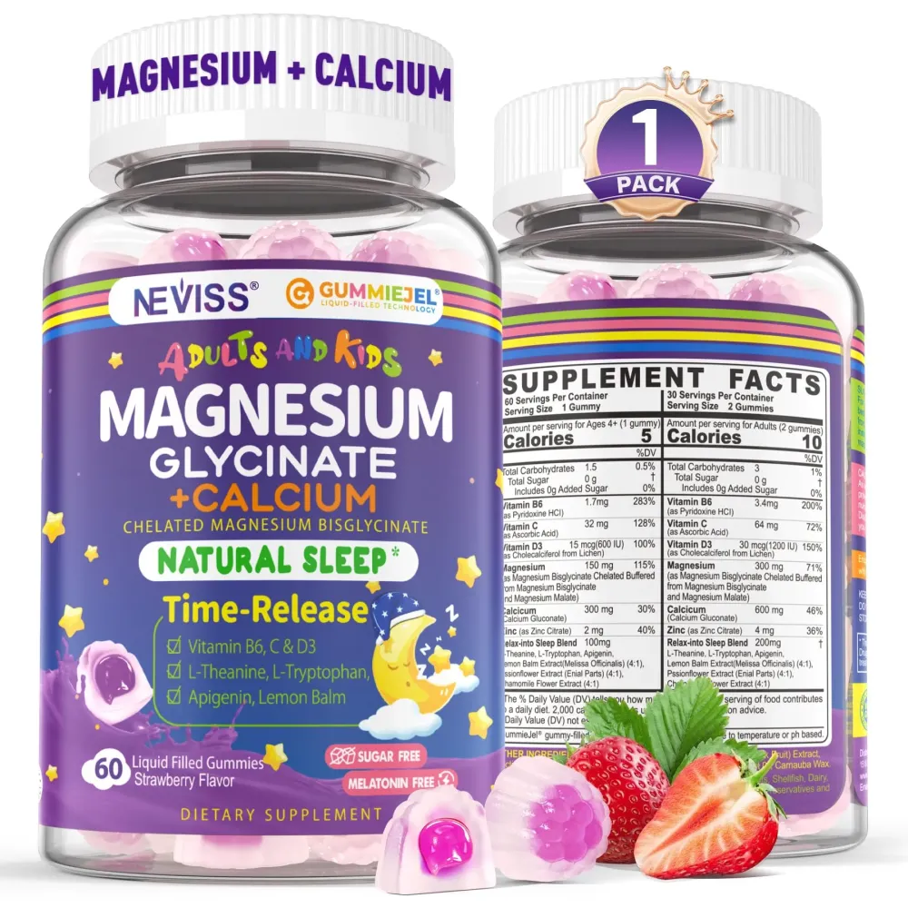 Neviss Magnesium Glycinate + Calcium Filled Gummies for Adults and Kids 4+, Kids Sleep Gummies Melatonin Free, Sugar Free Magnesium Supplement with B6 D3, L-Theanine for Zzz & Relax, Brain,Bone,Muscle Neviss Magnesium Glycinate + Calcium Filled Gummies for Adults and Kids 4+, Kids Sleep Gummies Melatonin Free, Sugar Free Magnesium Supplement with B6 D3, L-Theanine for Zzz & Relax, Brain,Bone,Muscle
