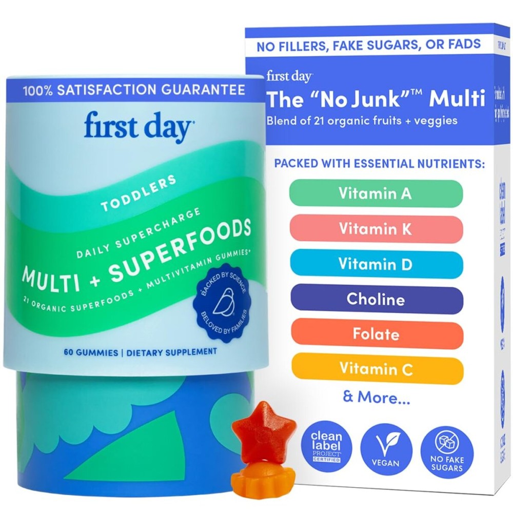 FIRST DAY Toddler Multivitamins Gummies for Kids & Toddlers Ages 2-3, Delicious Strawberry & Orange Toddler Vitamins Multivitamin with Choline, Vitamins A C D3 B1 B2 B6 B12 K2 Folate - 30 Day Supply FIRST DAY Toddler Multivitamins Gummies for Kids & Toddlers Ages 2-3, Delicious Strawberry & Orange Toddler Vitamins Multivitamin with Choline, Vitamins A C D3 B1 B2 B6 B12 K2 Folate - 30 Day Supply