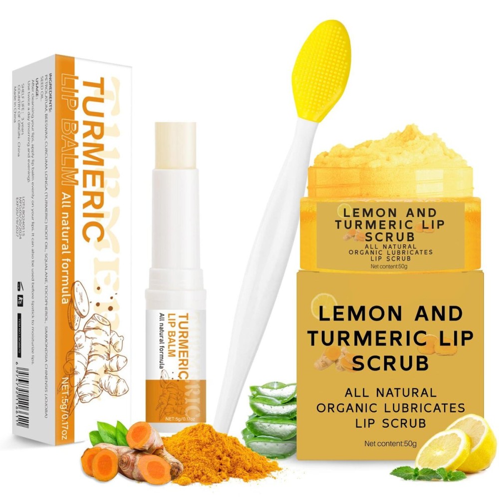 MUREND 3PCS Turmeric Lip Balm and Turmeric Lemon Lip Exfoliator Scrub with Brush Set, Dark Lips Treatment for Smokers, Natural Exfoliator & Moisturizer Cracked, Dull, Reduce Fine Lines Lips MUREND 3PCS Turmeric Lip Balm and Turmeric Lemon Lip Exfoliator Scrub with Brush Set, Dark Lips Treatment for Smokers, Natural Exfoliator & Moisturizer Cracked, Dull, Reduce Fine Lines Lips
