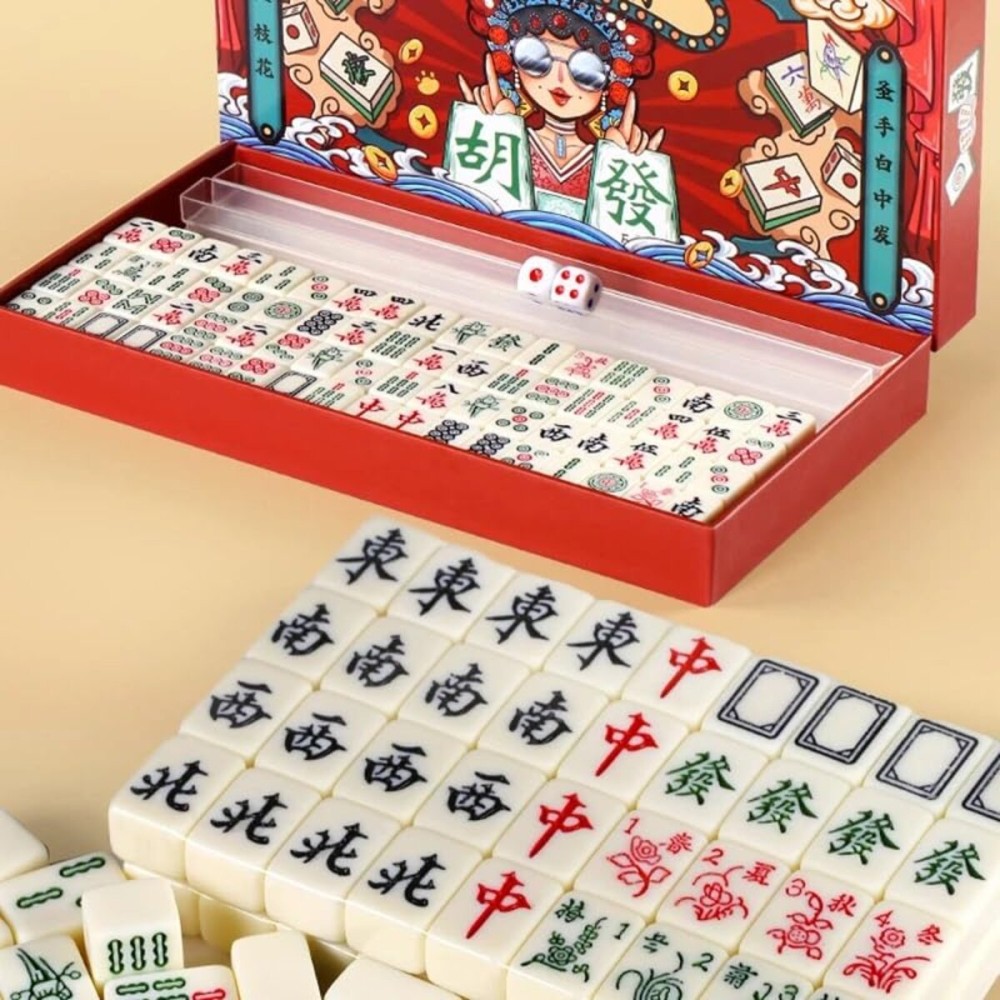Mini Mahjong Set  Waterproof Guochao Mahjong Portable Mini Mahjong Internet Celebrity Creative Portable Outdoor Travel Mahjong with gife Box Carrying Travel Case,Mahjong Tile Game,2 Dice 4 Racks
