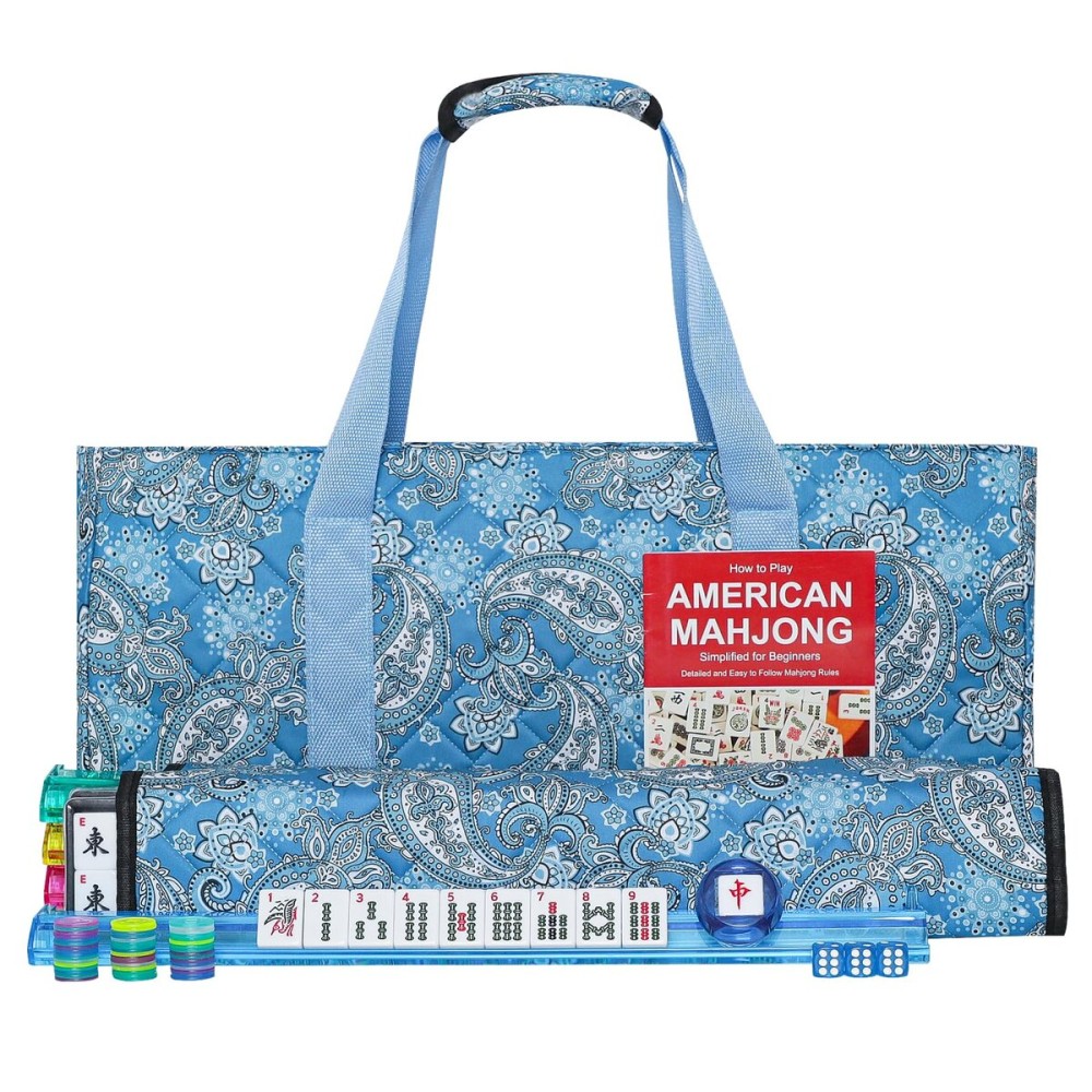 GUSTARIA American Mahjong Game Set, 166 Quality White Tiles, 4 All-in-One Color Rack/Pushers, Mahjong Tile Set with Light Blue Printed Carrying Bag GUSTARIA American Mahjong Game Set, 166 Quality White Tiles, 4 All-in-One Color Rack/Pushers, Mahjong Tile Set with Light Blue Printed Carrying Bag
