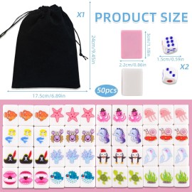 JHGCVX 2 Players Mahjong Block Set, 50 Pcs Pink Ocean Theme Mahjong Tile Game Set with Storage Bag and 2 Dice, Marine Life Patterns Mahjong Set for Family Interactive Play Set(1.18 x 0.86 x 0.59 inch)