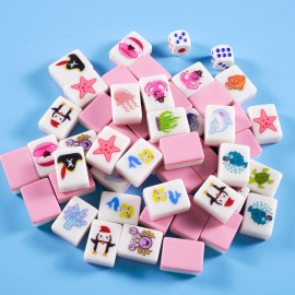 JHGCVX 2 Players Mahjong Block Set, 50 Pcs Pink Ocean Theme Mahjong Tile Game Set with Storage Bag and 2 Dice, Marine Life Patterns Mahjong Set for Family Interactive Play Set(1.18 x 0.86 x 0.59 inch)