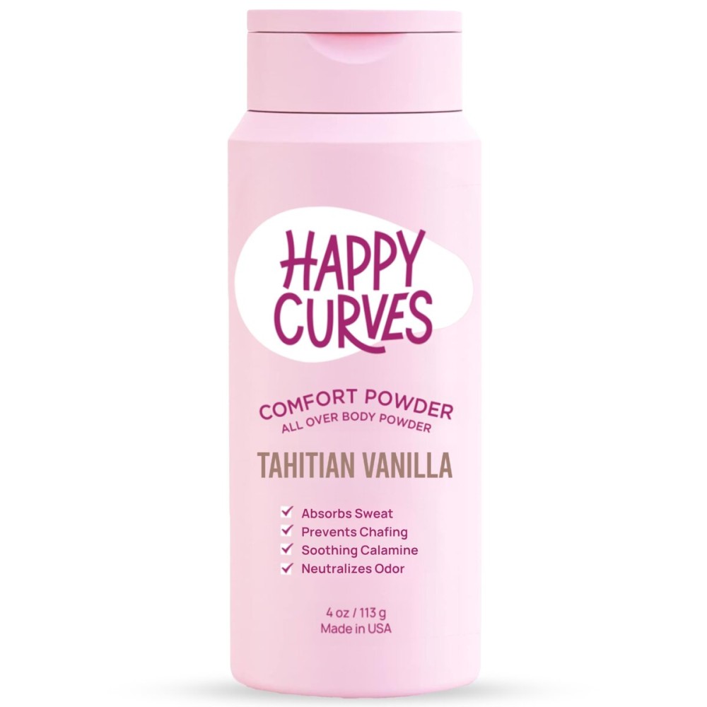 HAPPY CURVES Comfort Powder: Talc Free Anti Chafe Body & Foot Powder Deodorant to Control Inner Thigh Chafing, Private Areas, and All Over Body for Women (4 Ounce (Pack of 1), Tahitian Vanilla) HAPPY CURVES Comfort Powder: Talc Free Anti Chafe Body & Foot Powder Deodorant to Control Inner Thigh Chafing, Private Areas, and All Over Body for Women (4 Ounce (Pack of 1), Tahitian Vanilla)