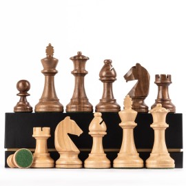 A&A Premium Triple Weighted Staunton Wooden Chess Pieces w/ 2 Extra Queen - King Height 3.75/9.5cm / 2 Storage Bags - Natural Walnut Wood