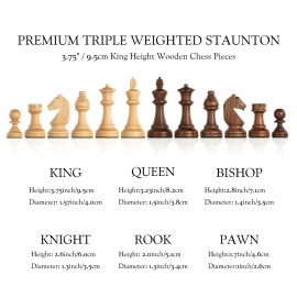 A&A Premium Triple Weighted Staunton Wooden Chess Pieces w/ 2 Extra Queen - King Height 3.75/9.5cm / 2 Storage Bags - Natural Walnut Wood