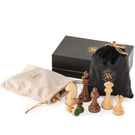 A&A Premium Triple Weighted Staunton Wooden Chess Pieces w/ 2 Extra Queen - King Height 3.75/9.5cm / 2 Storage Bags - Natural Walnut Wood