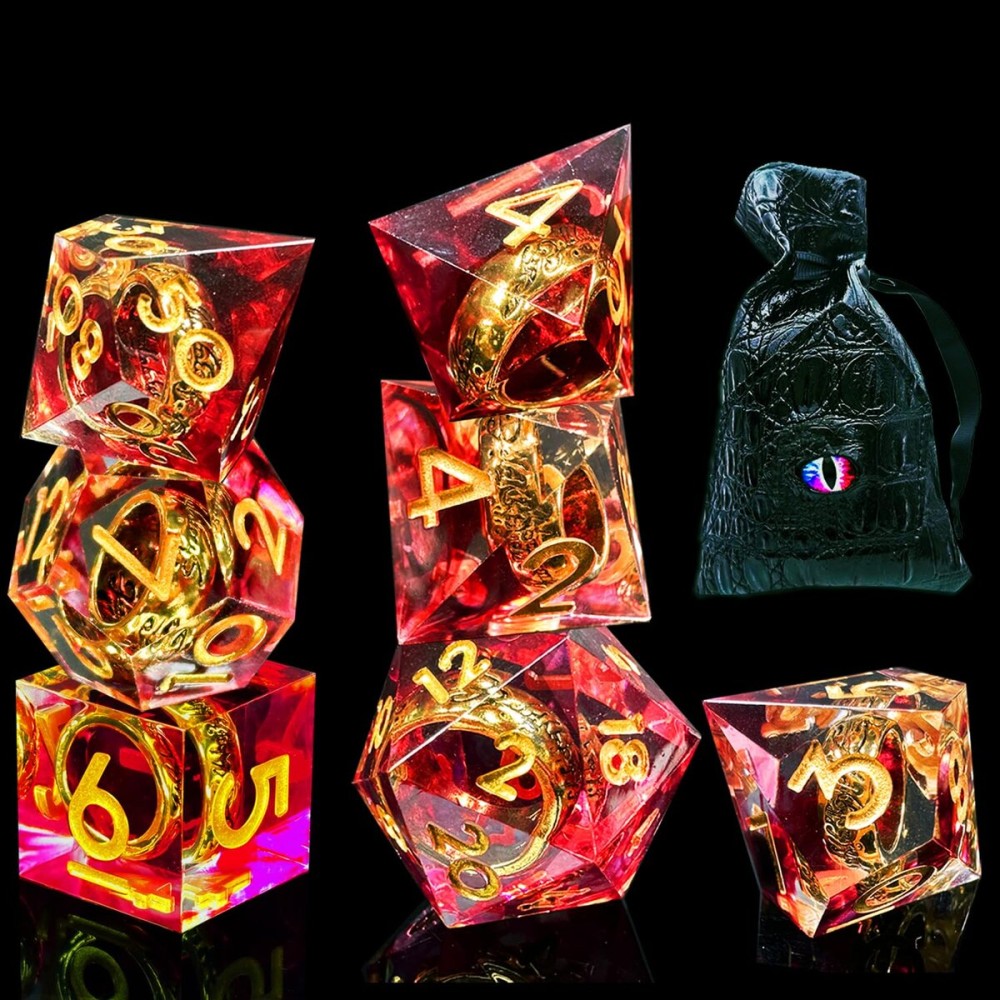 HAOMEJA Ring Magic Resin Dice Set 7Pcs with Bag Sharp Edge Polyhedral Dice, Apply to D&D Dungeons & Dragons Role-Playing Games D20, D12, D10, D8, D6, D4 Dice, Board Games Gift (Red & Gold Word) HAOMEJA Ring Magic Resin Dice Set 7Pcs with Bag Sharp Edge Polyhedral Dice, Apply to D&D Dungeons & Dragons Role-Playing Games D20, D12, D10, D8, D6, D4 Dice, Board Games Gift (Red & Gold Word)