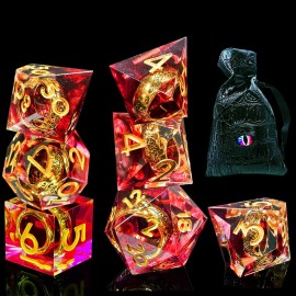 HAOMEJA Ring Magic Resin Dice Set 7Pcs with Bag Sharp Edge Polyhedral Dice, Apply to D&D Dungeons & Dragons Role-Playing Games D20, D12, D10, D8, D6, D4 Dice, Board Games Gift (Red & Gold Word)