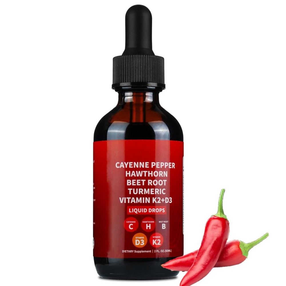 Cayenne Pepper Drops, Cayenne Pepper Hawthorn Beet Root Turmeric Curcumin, Vitamin K2 & D3, Cayenne Health Supplements, Gentle Formula, Vegan-Friendly, Easily Absorbed - 60ml Cayenne Pepper Drops, Cayenne Pepper Hawthorn Beet Root Turmeric Curcumin, Vitamin K2 & D3, Cayenne Health Supplements, Gentle Formula, Vegan-Friendly, Easily Absorbed - 60ml
