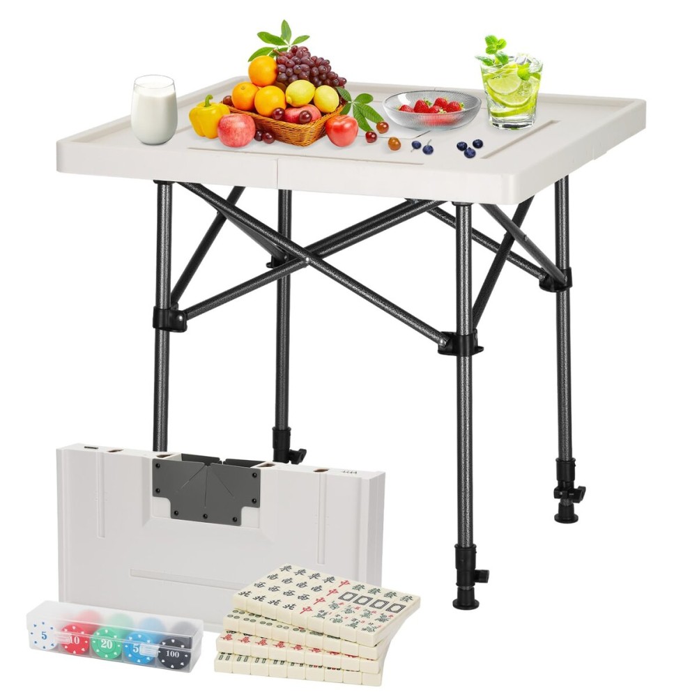 Portable Folding Card Table, Adjustable Height Folding Camping Table, Suitable for Indoor/Outdoor Use Game, Domino, Mahjong, Poker, Family Gatherings, Parties, Camping, White, 23 Portable Folding Card Table, Adjustable Height Folding Camping Table, Suitable for Indoor/Outdoor Use Game, Domino, Mahjong, Poker, Family Gatherings, Parties, Camping, White, 23