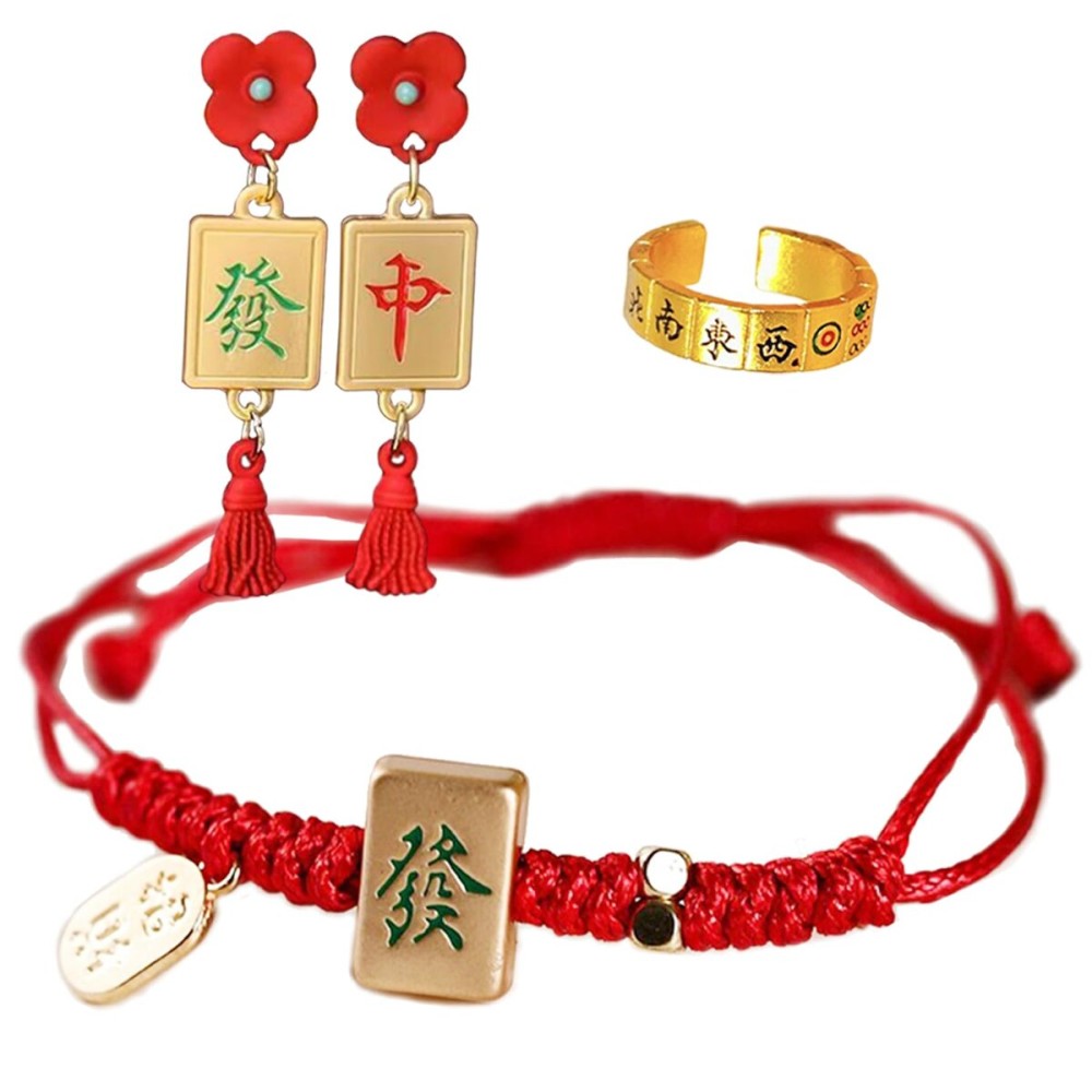 yUhe2018Cw Mahjong Gifts Accessories A Set Of LUCKY Woven Gambling Cotton Chinese Bracelet Mah jongg Drop Earrings Ring Adjustable Unisex For Women Men yUhe2018Cw Mahjong Gifts Accessories A Set Of LUCKY Woven Gambling Cotton Chinese Bracelet Mah jongg Drop Earrings Ring Adjustable Unisex For Women Men