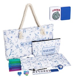 American Mahjong Tile Set, 166 Blue Tiles, Bag and Mahjong Accessories, 4 All-in-One Rack/Pushers, Mahjong Set Complete