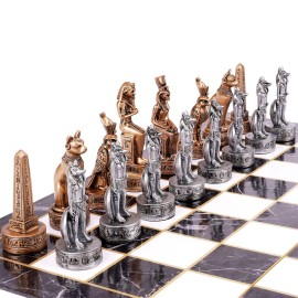 Egyptian Chess Set for Adults and Kids - 15 Resin Chess Pieces with Egyptian Figures & Marble Pattern Board - Luxury Chess Game with Extra Queens - Collectible Chess Set Gift for Beginners & Pros