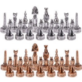 Egyptian Chess Set for Adults and Kids - 15 Resin Chess Pieces with Egyptian Figures & Marble Pattern Board - Luxury Chess Game with Extra Queens - Collectible Chess Set Gift for Beginners & Pros