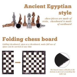 Egyptian Chess Set for Adults and Kids - 15 Resin Chess Pieces with Egyptian Figures & Marble Pattern Board - Luxury Chess Game with Extra Queens - Collectible Chess Set Gift for Beginners & Pros