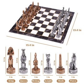 Egyptian Chess Set for Adults and Kids - 15 Resin Chess Pieces with Egyptian Figures & Marble Pattern Board - Luxury Chess Game with Extra Queens - Collectible Chess Set Gift for Beginners & Pros