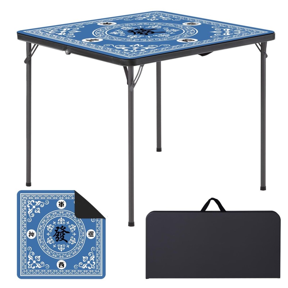 FROASISPRO 34 Square Folding Table w/Handle - 330lb Capacity Plastic Portable Table, Bi-Fold Design for Indoor/Outdoor Camping, Parties, Picnics - Black with Blue Mahjong Mat FROASISPRO 34 Square Folding Table w/Handle - 330lb Capacity Plastic Portable Table, Bi-Fold Design for Indoor/Outdoor Camping, Parties, Picnics - Black with Blue Mahjong Mat