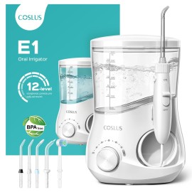 COSLUS Electric Water Flosser for Teeth, Professional Dental Pick for Orthodontic, Sensitive Gums, Braces - 12 Pressure Settings & 5 Multi-Functional Tips for Multiple Users, Home Use, White