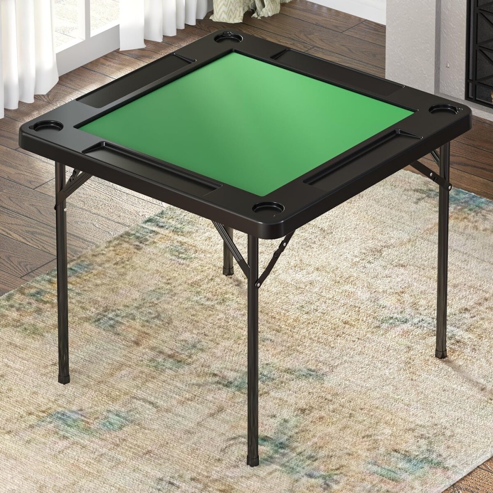 IWDOO Folding Card Table, 35.4 Square Mahjong Table with Green Felt, Chip Trays and Cup Holders, Portable Domino Tables for 4 Players, Card Game Tables for Mahjong Poker Domino Game, Black IWDOO Folding Card Table, 35.4 Square Mahjong Table with Green Felt, Chip Trays and Cup Holders, Portable Domino Tables for 4 Players, Card Game Tables for Mahjong Poker Domino Game, Black