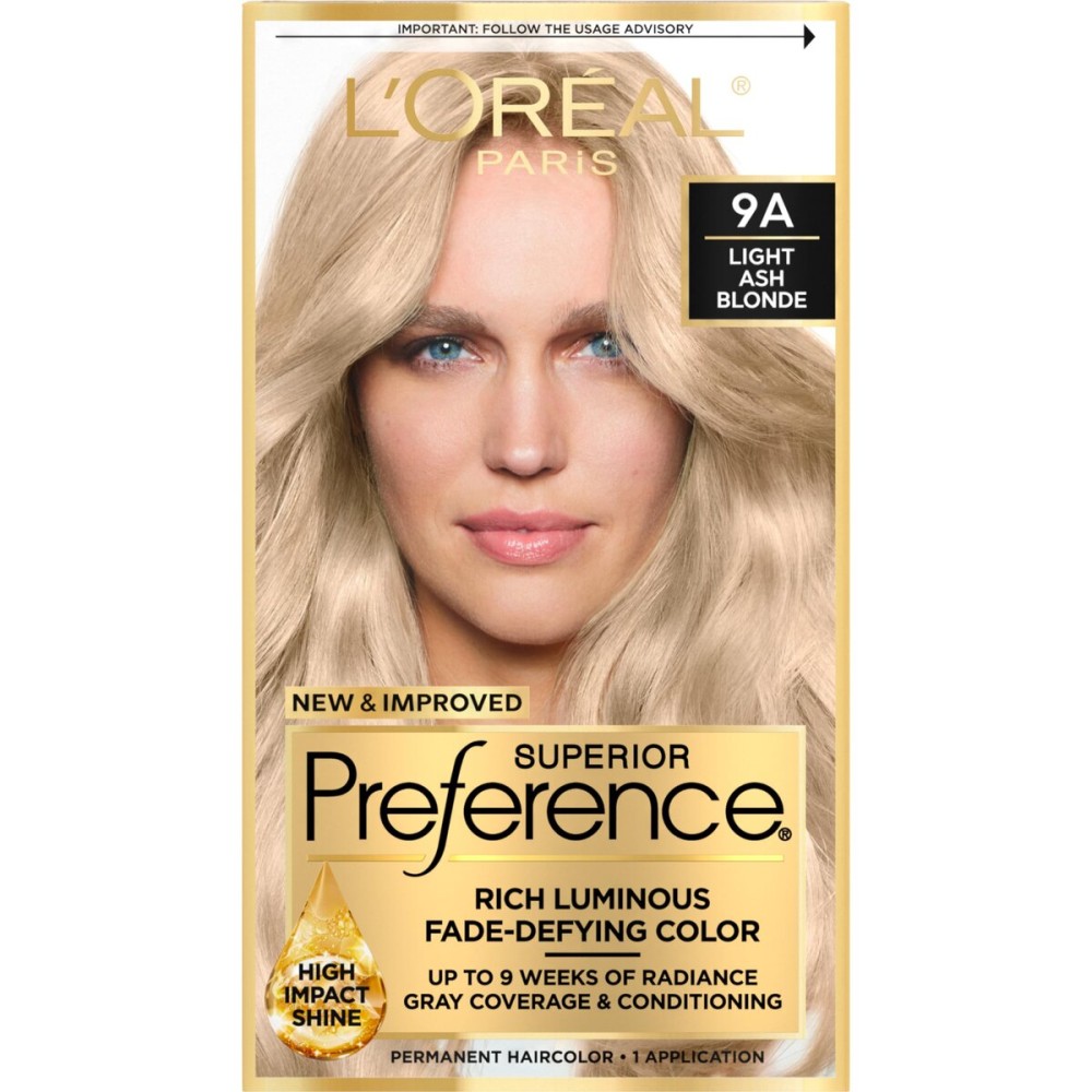 L\'Oreal Paris Superior Preference Fade-Defying + Shine Permanent Hair Color, 9A Light Ash Blonde, Pack of 1, Hair Dye L\'Oreal Paris Superior Preference Fade-Defying + Shine Permanent Hair Color, 9A Light Ash Blonde, Pack of 1, Hair Dye