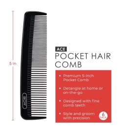 GOODY Ace Pocket Hair Comb - 5 Inch, Black - Pack of 6 - Great for All Hair Types - Fine Comb Teeth for Thin to Medium Hair - Durable for Every Day and Professional Use