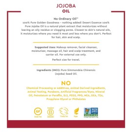 Desert Essence 100% Pure Jojoba Oil - 2 Fl Oz - Haircare & Skincare Essential Oil - Suitable For All Skin Types - No Oily Residue - May Help Prevent Flakiness - Makeup Remover - Aftershave Moisturizer Desert Essence 100% Pure Jojoba Oil - 2 Fl Oz - Haircare & Skincare Essential Oil - Suitable For All Skin Types - No Oily Residue - May Help Prevent Flakiness - Makeup Remover - Aftershave Moisturizer