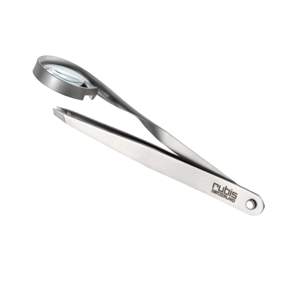 Rubis Classic Stainless Steel Slanted Tweezers with 8x Magnifying Glass for Precise Eyebrows and Hair Removal, 1K120,Rubis Switzerland Swiss Made World Renowned Precision
